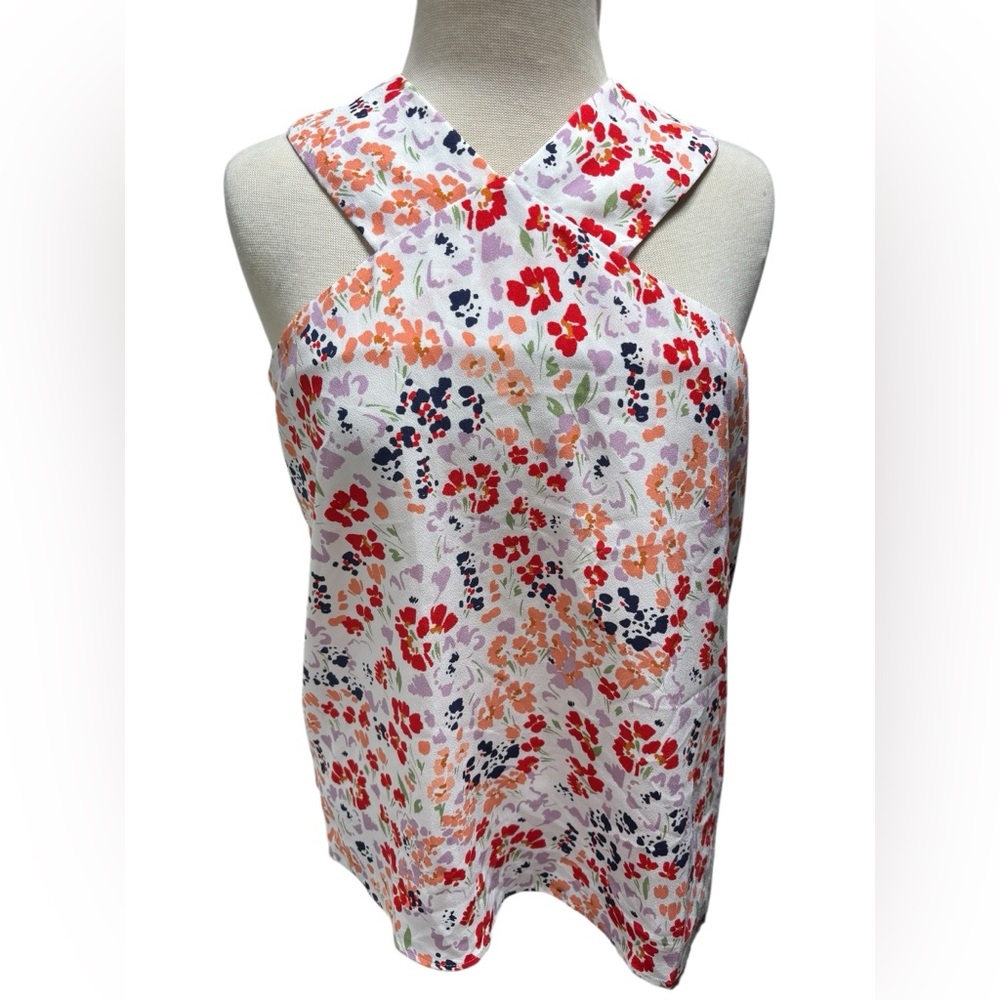 Ann Taylor Floral Halter Neck Sleeveless Blouse White Red Orange Top Small #27